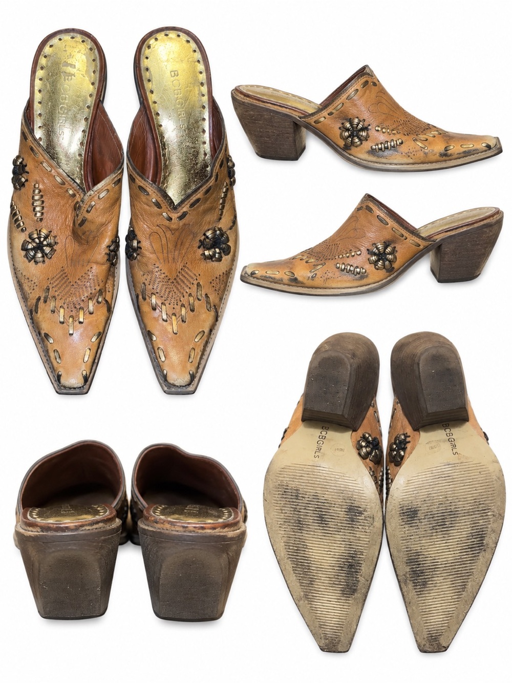 Vintage Made in Brazil Western-Style Embellished Leather Mule Heels - Tan